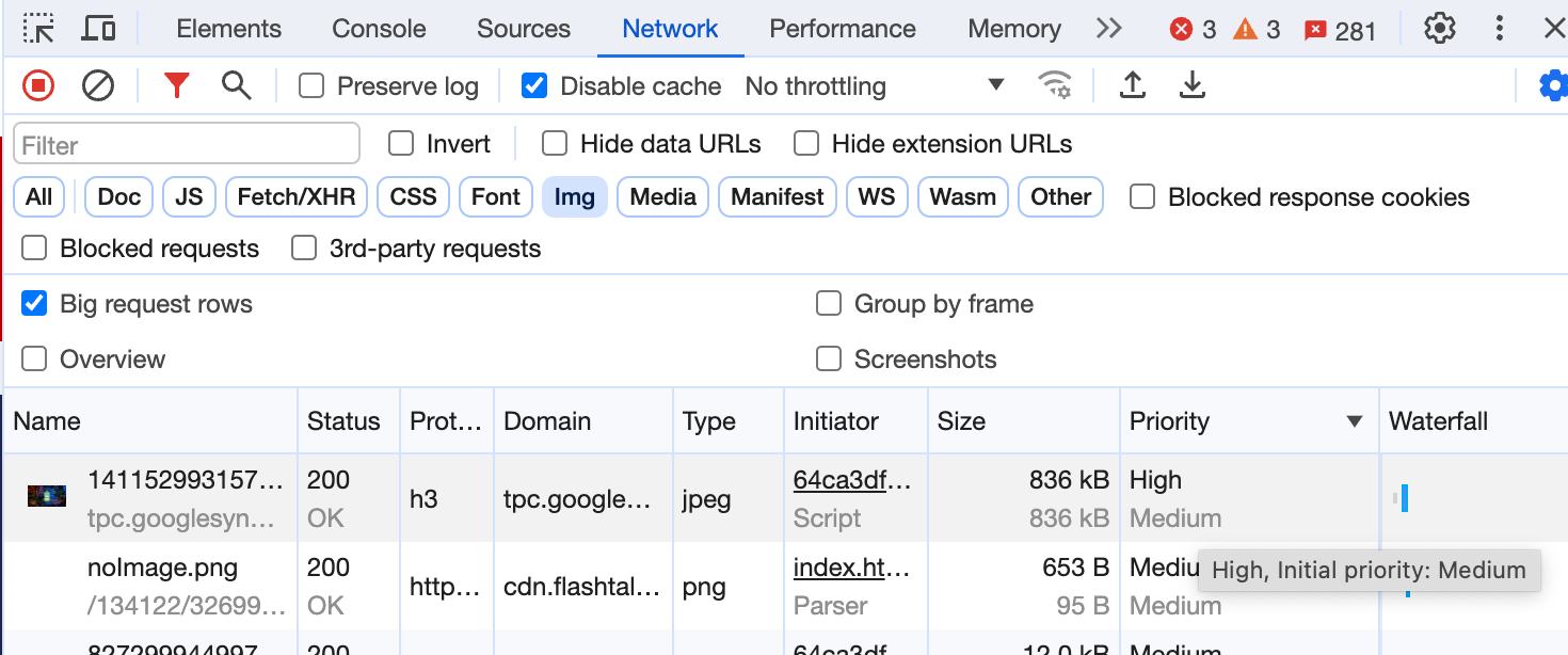 Chrome DevTools의 네트워크 탭 '대용량 요청 행' 설정이 선택되어 있고 우선순위 열에는 우선순위가 높은 첫 번째 이미지와 아래에 다른 초기 우선순위인 중간이 표시됩니다. 도움말에도 동일하게 표시됩니다.