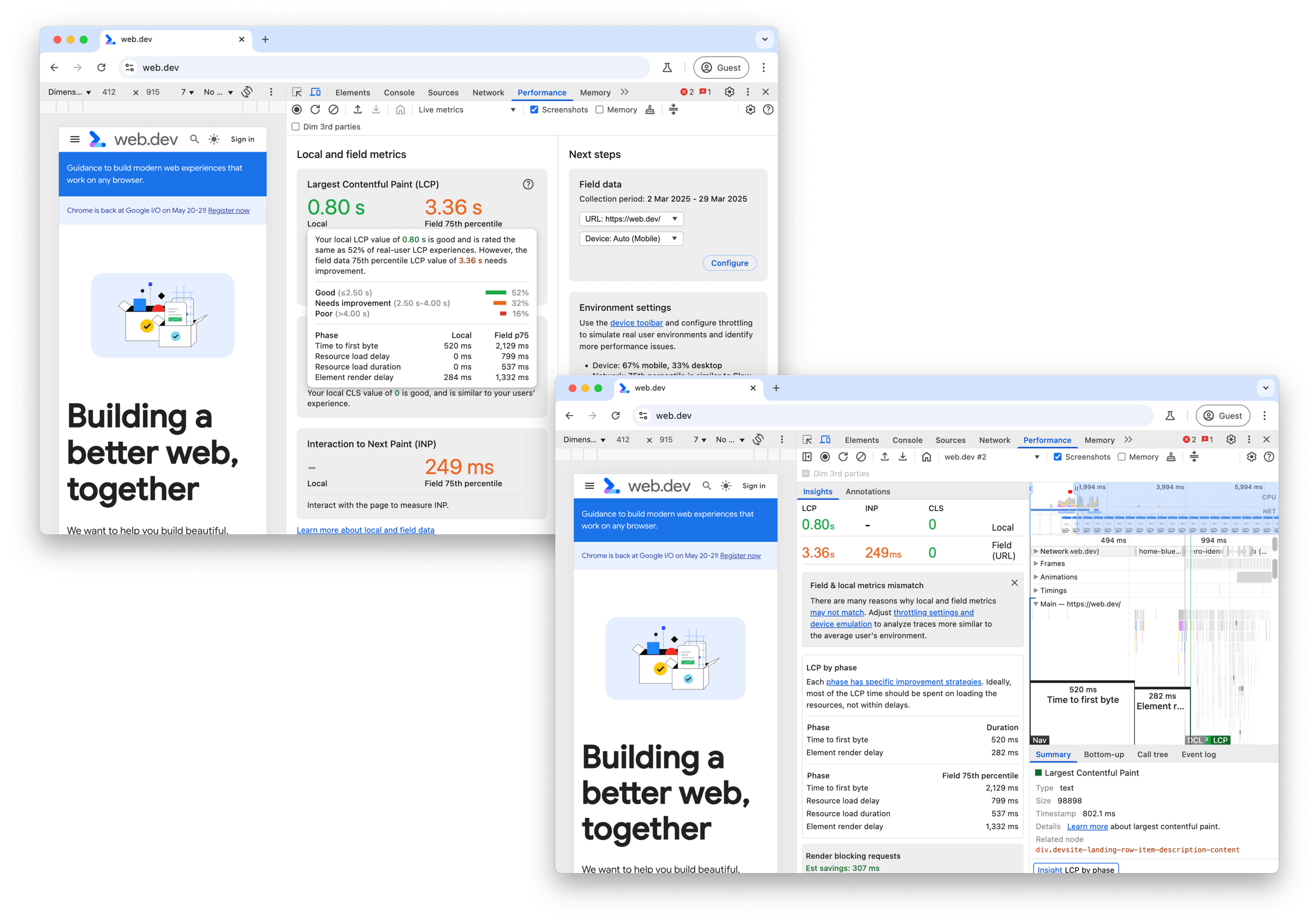Local and field LCP in the Chrome DevTools Performance panel