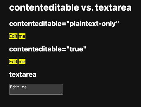 Demonstracja pokazująca, jak interfejs API CSS Custom Highlight działa tylko z elementami div contenteditable, a nie z elementem textarea.